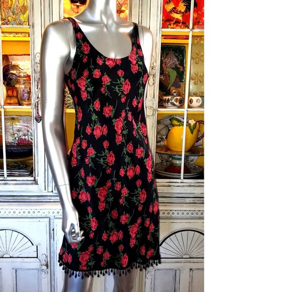 Vintage Betsey Johnson New York 90s Red Rose Floral Black Bead Silk Slip Dress S - Picture 6 of 11